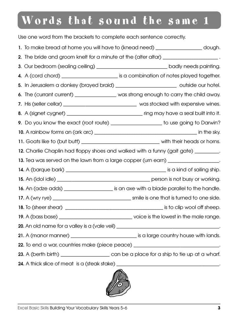 Sample interior page from the Excel Basic Skills Building Your Vocabulary Skills Years 5-6 workbook, showing example activities as displayed in the publisher gallery