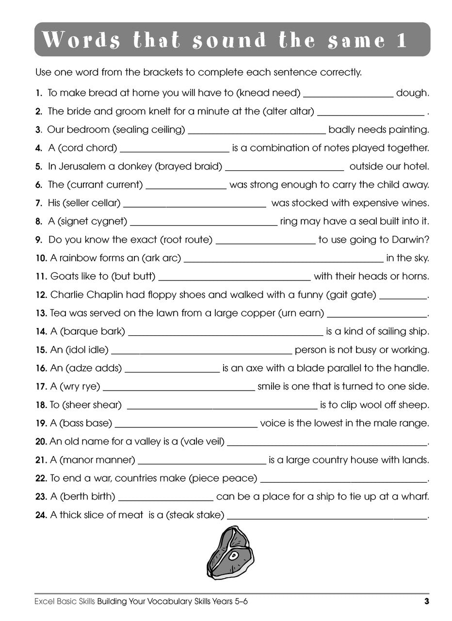 Sample interior page from the Excel Basic Skills Building Your Vocabulary Skills Years 5-6 workbook, showing example activities as displayed in the publisher gallery