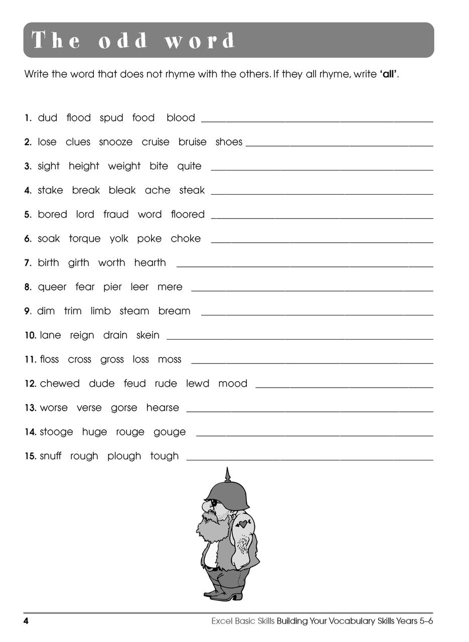 Sample interior page from the Excel Basic Skills Building Your Vocabulary Skills Years 5-6 workbook, showing example activities as displayed in the publisher gallery