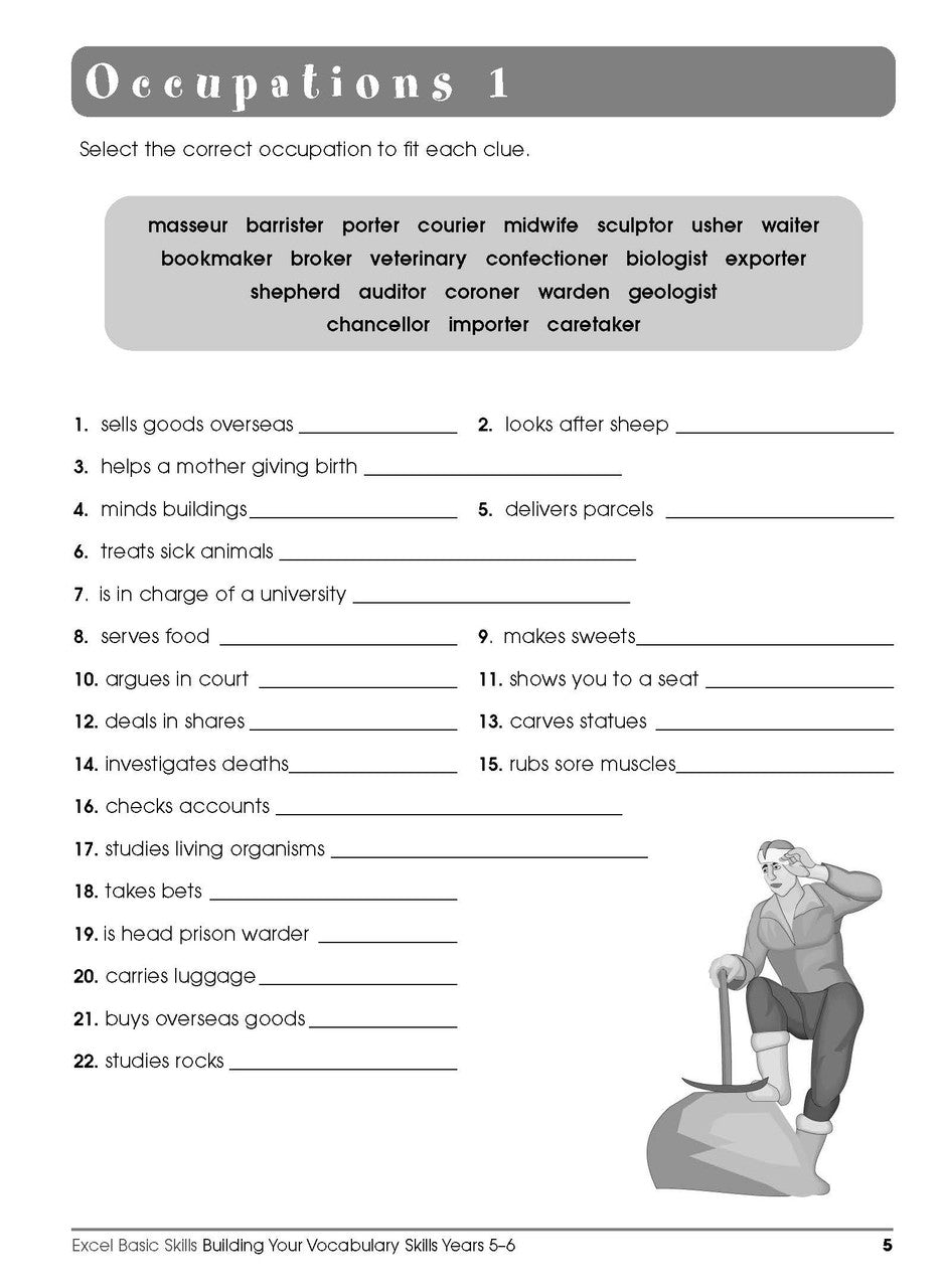 Sample interior page from the Excel Basic Skills Building Your Vocabulary Skills Years 5-6 workbook, showing example activities as displayed in the publisher gallery