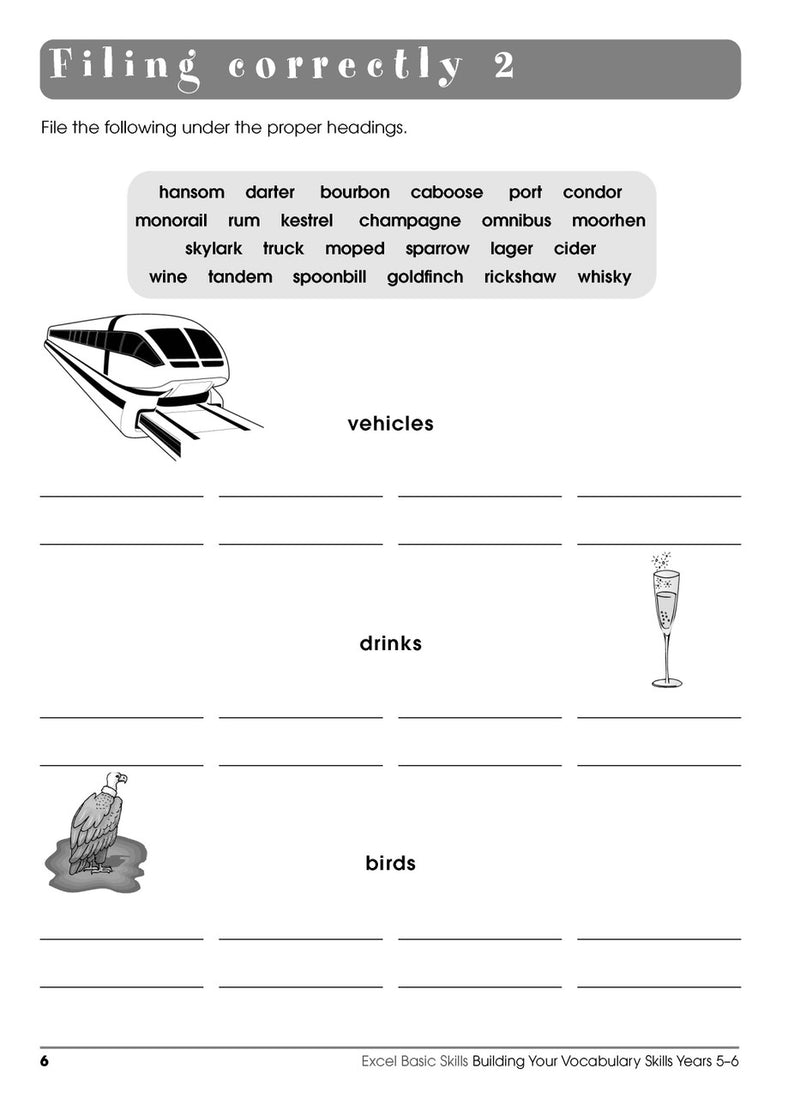 Sample interior page from the Excel Basic Skills Building Your Vocabulary Skills Years 5-6 workbook, showing example activities as displayed in the publisher gallery