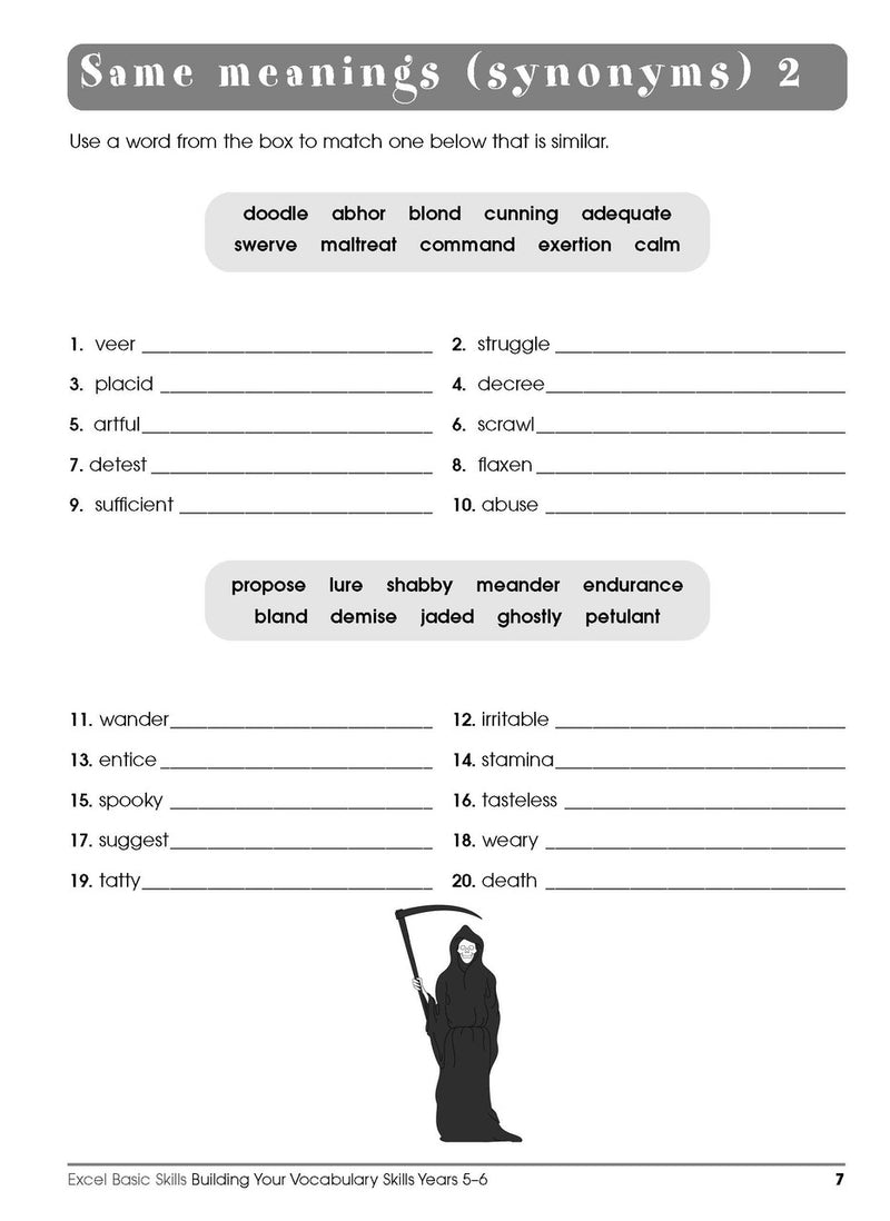 Sample interior page from the Excel Basic Skills Building Your Vocabulary Skills Years 5-6 workbook, showing example activities as displayed in the publisher gallery
