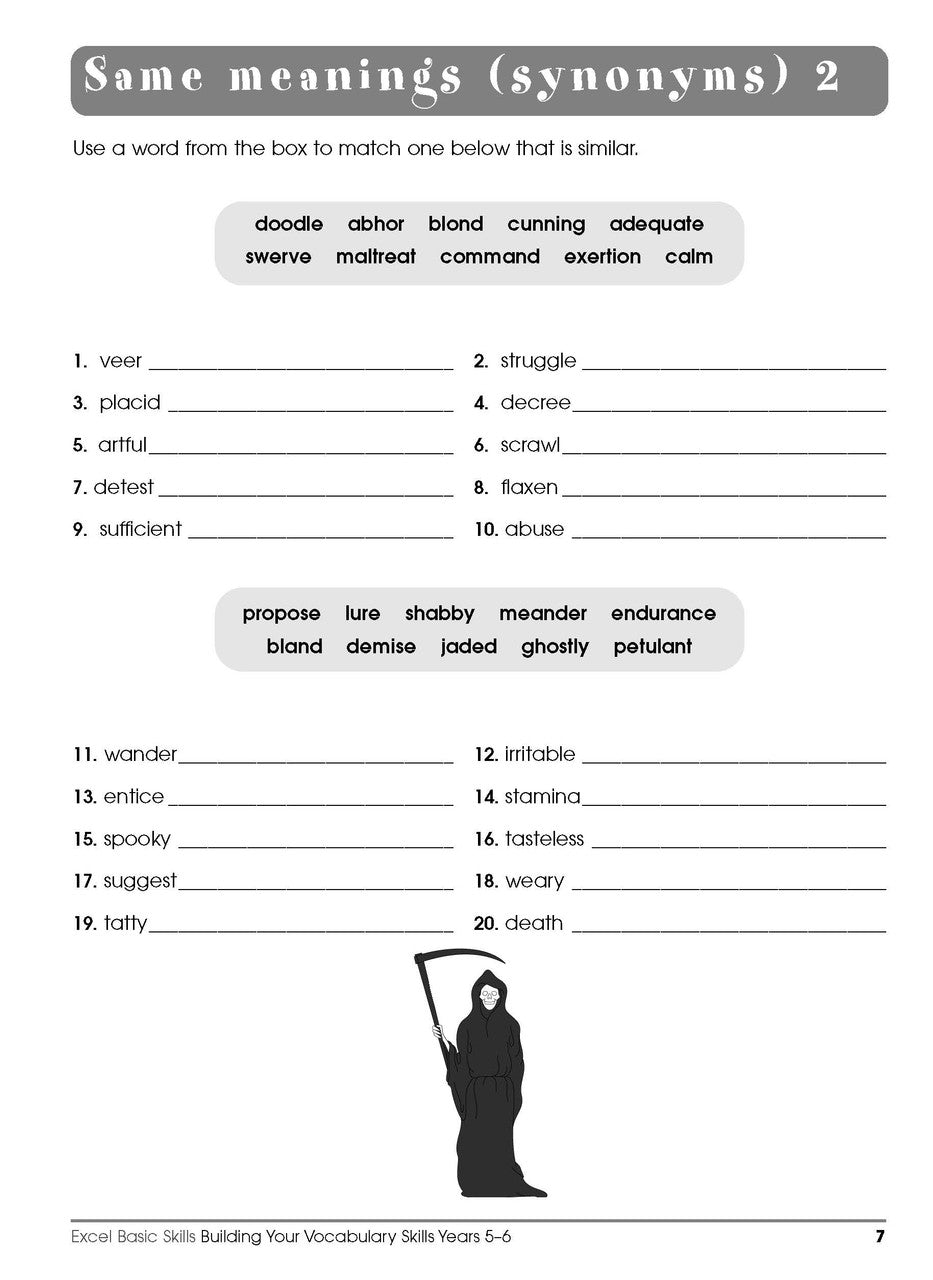 Sample interior page from the Excel Basic Skills Building Your Vocabulary Skills Years 5-6 workbook, showing example activities as displayed in the publisher gallery