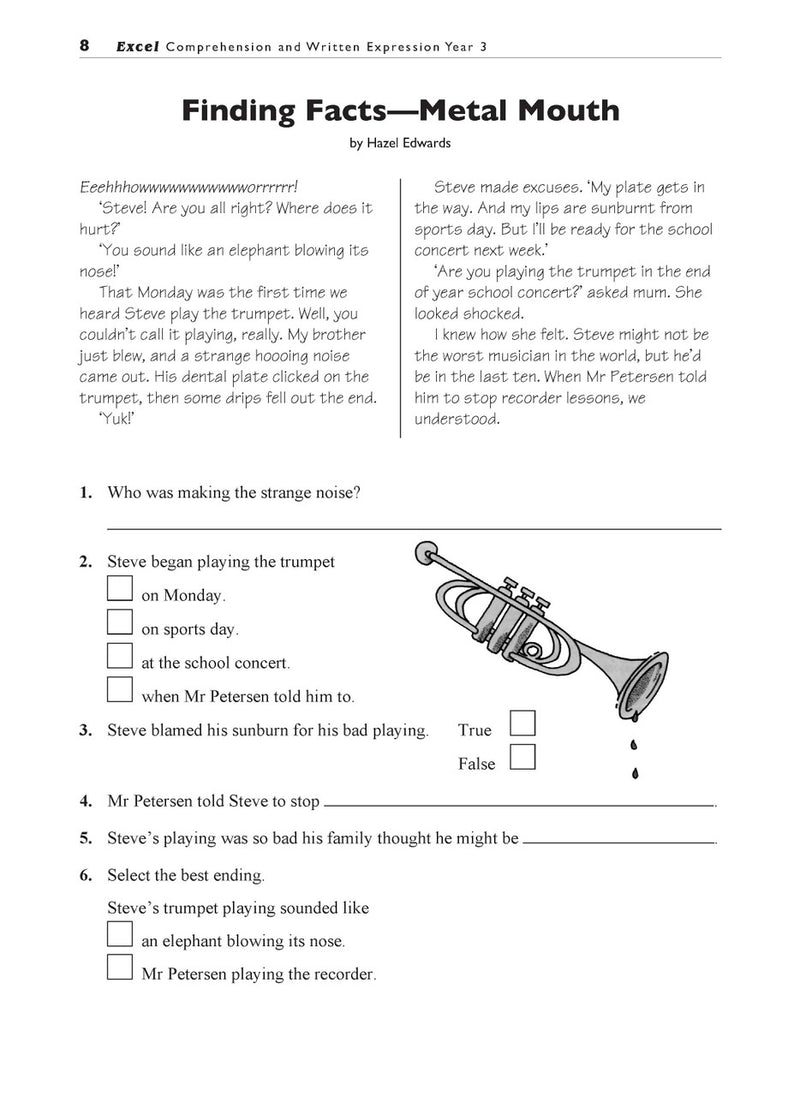 Sample interior page from the Excel Basic Skills Comprehension and Written Expression Year 3 workbook, showing example activities as displayed in the publisher gallery