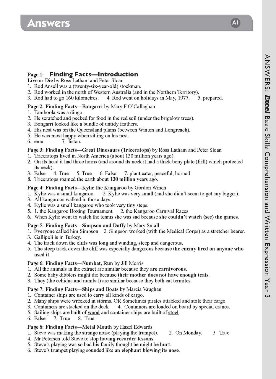 Sample interior page from the Excel Basic Skills Comprehension and Written Expression Year 3 workbook, showing example activities as displayed in the publisher gallery