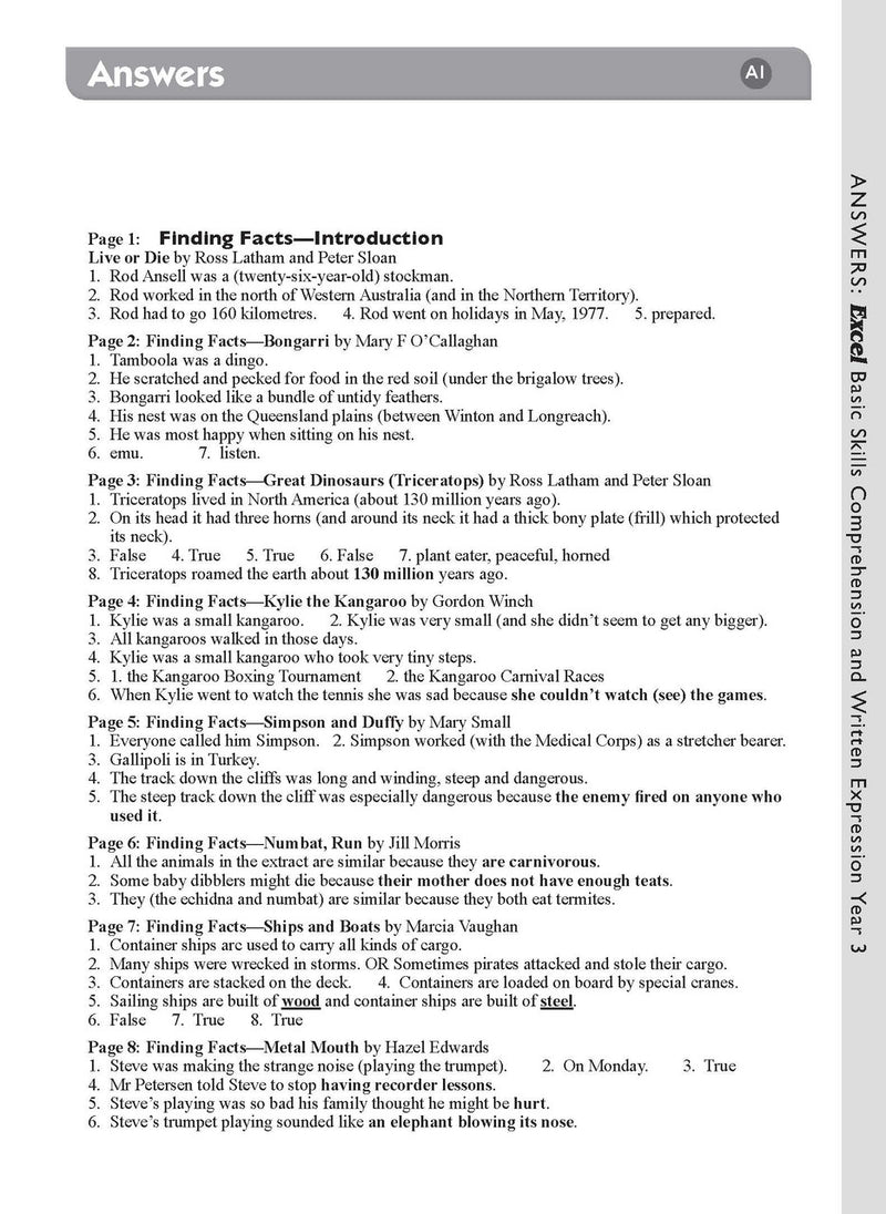 Sample interior page from the Excel Basic Skills Comprehension and Written Expression Year 3 workbook, showing example activities as displayed in the publisher gallery