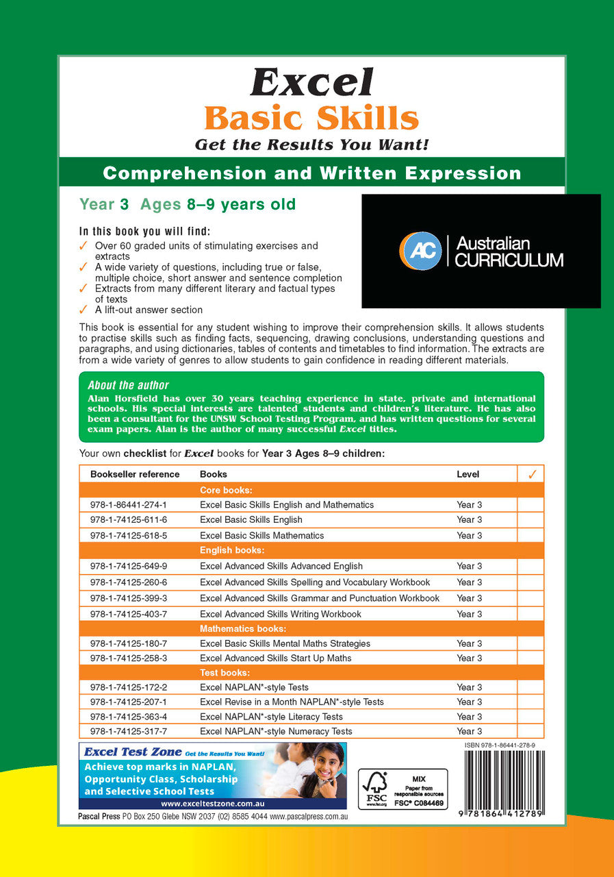 Additional gallery image for the Excel Basic Skills Comprehension and Written Expression Year 3 workbook, shown last in the publisher gallery after the sample pages