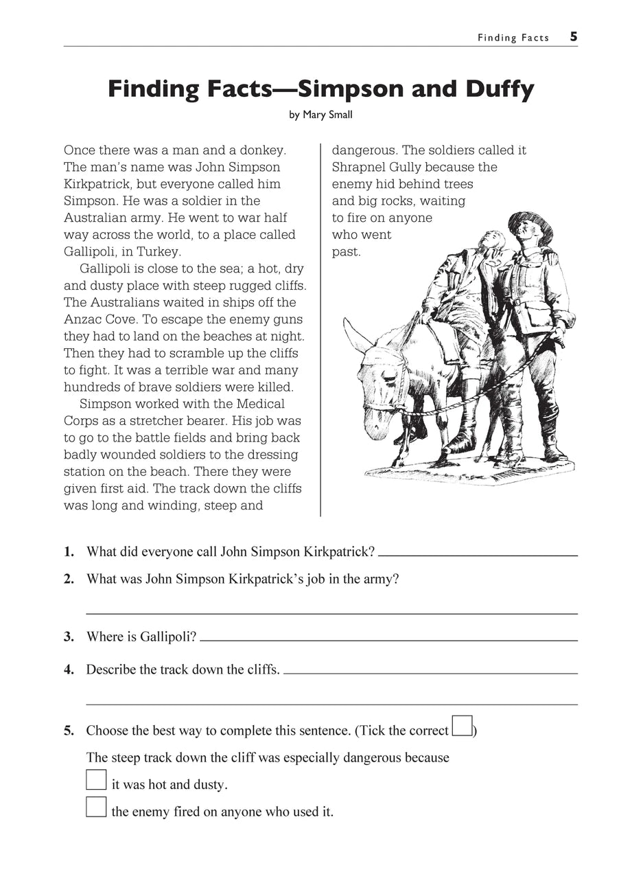 Sample interior page from the Excel Basic Skills Comprehension and Written Expression Year 3 workbook, showing example activities as displayed in the publisher gallery