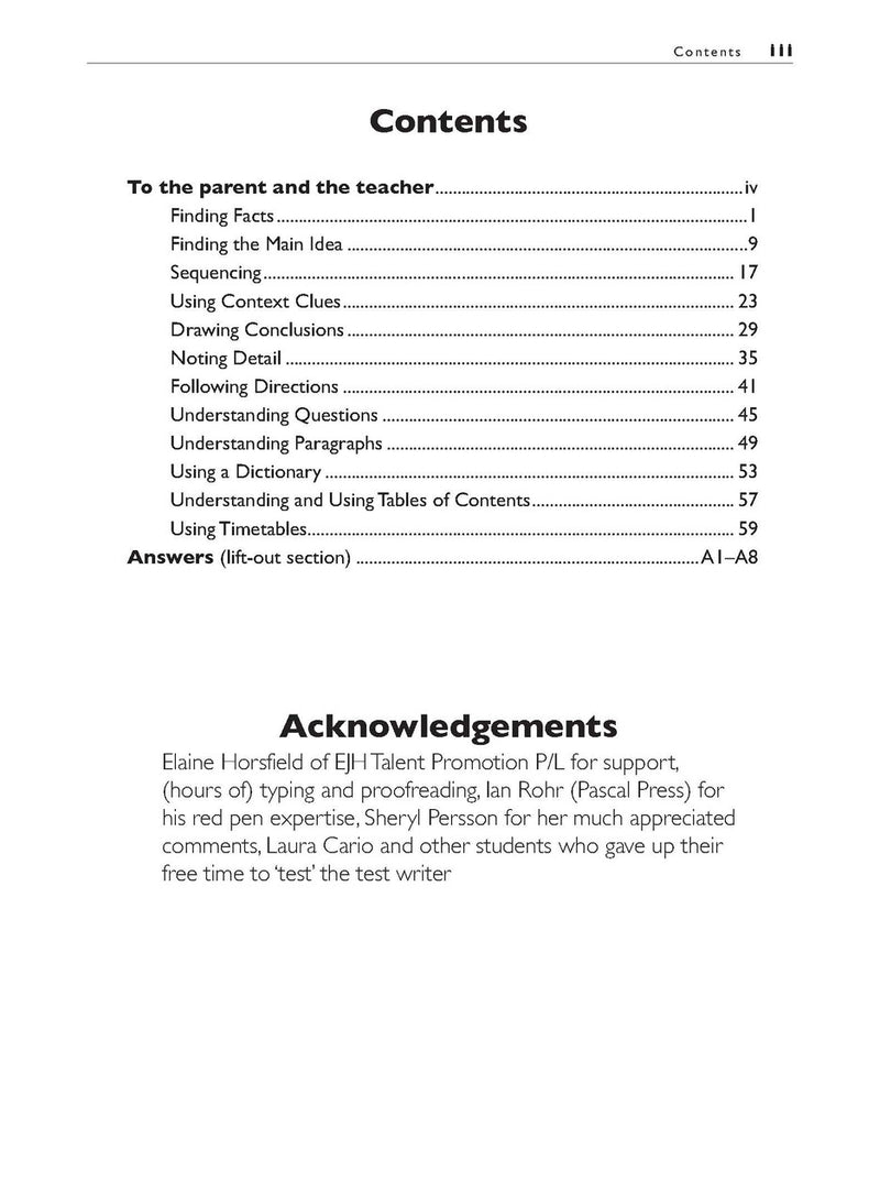 Sample interior page from the Excel Basic Skills Comprehension and Written Expression Year 3 workbook, showing example activities as displayed in the publisher gallery