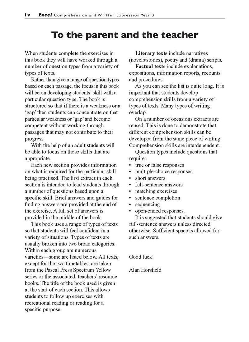Sample interior page from the Excel Basic Skills Comprehension and Written Expression Year 3 workbook, showing example activities as displayed in the publisher gallery