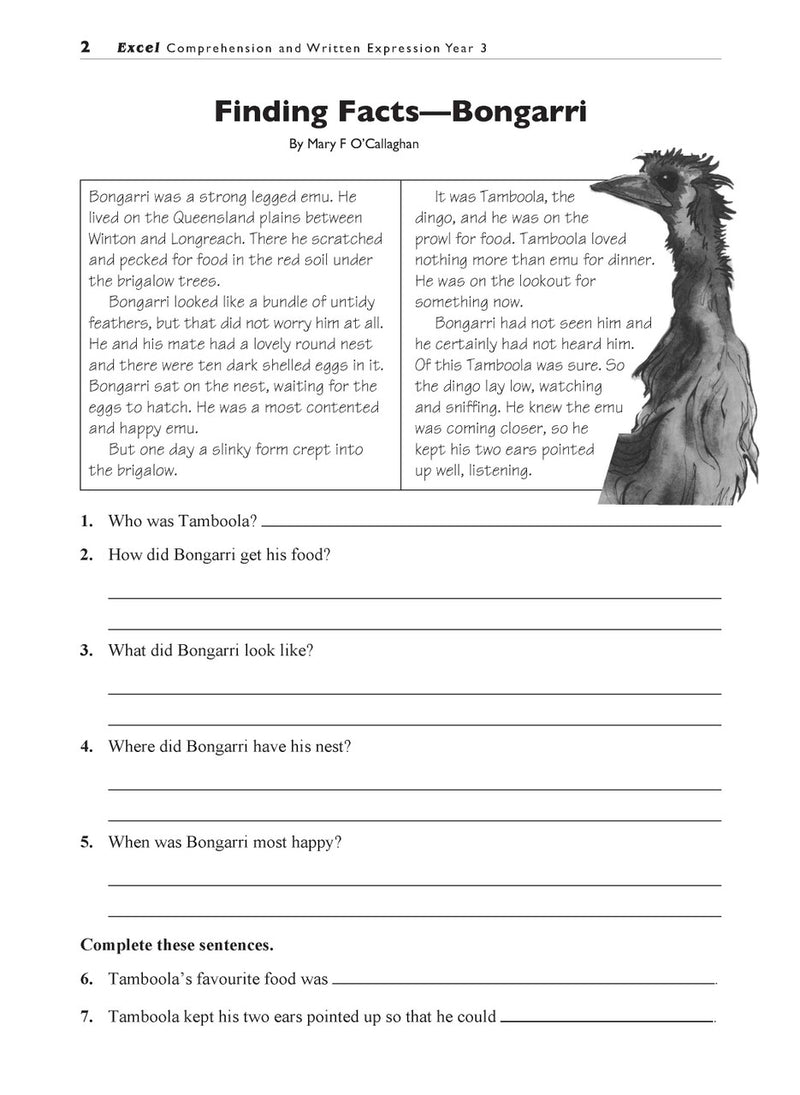 Sample interior page from the Excel Basic Skills Comprehension and Written Expression Year 3 workbook, showing example activities as displayed in the publisher gallery