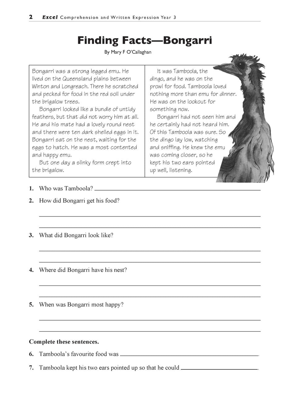 Sample interior page from the Excel Basic Skills Comprehension and Written Expression Year 3 workbook, showing example activities as displayed in the publisher gallery