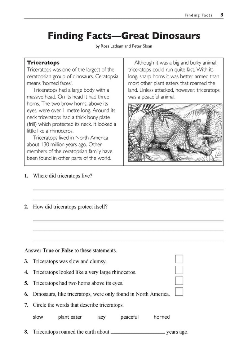 Sample interior page from the Excel Basic Skills Comprehension and Written Expression Year 3 workbook, showing example activities as displayed in the publisher gallery