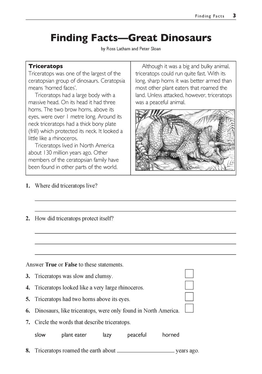 Sample interior page from the Excel Basic Skills Comprehension and Written Expression Year 3 workbook, showing example activities as displayed in the publisher gallery