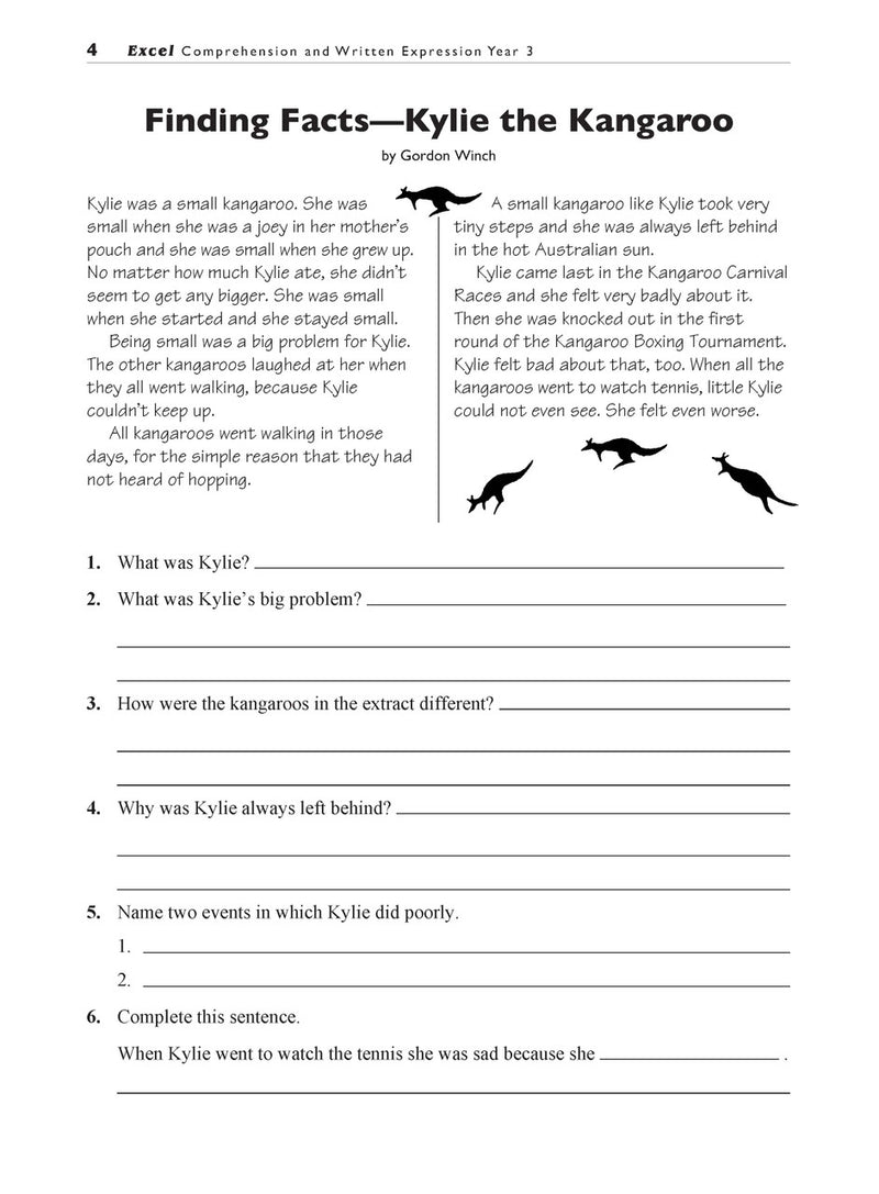 Sample interior page from the Excel Basic Skills Comprehension and Written Expression Year 3 workbook, showing example activities as displayed in the publisher gallery