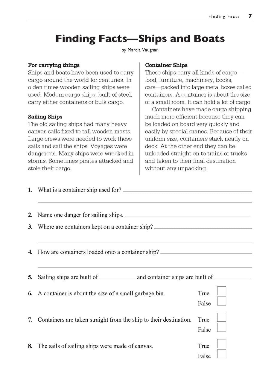 Sample interior page from the Excel Basic Skills Comprehension and Written Expression Year 3 workbook, showing example activities as displayed in the publisher gallery