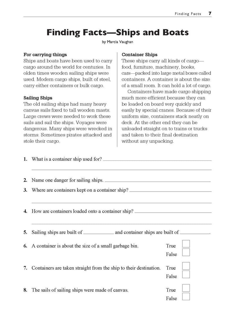 Sample interior page from the Excel Basic Skills Comprehension and Written Expression Year 3 workbook, showing example activities as displayed in the publisher gallery