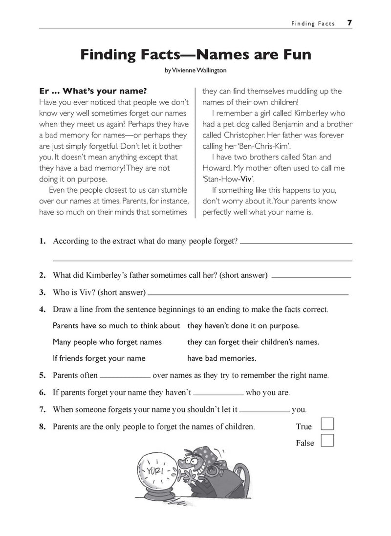 Sample interior page from the Excel Basic Skills Comprehension and Written Expression Year 4 workbook, showing example activities as displayed in the publisher gallery