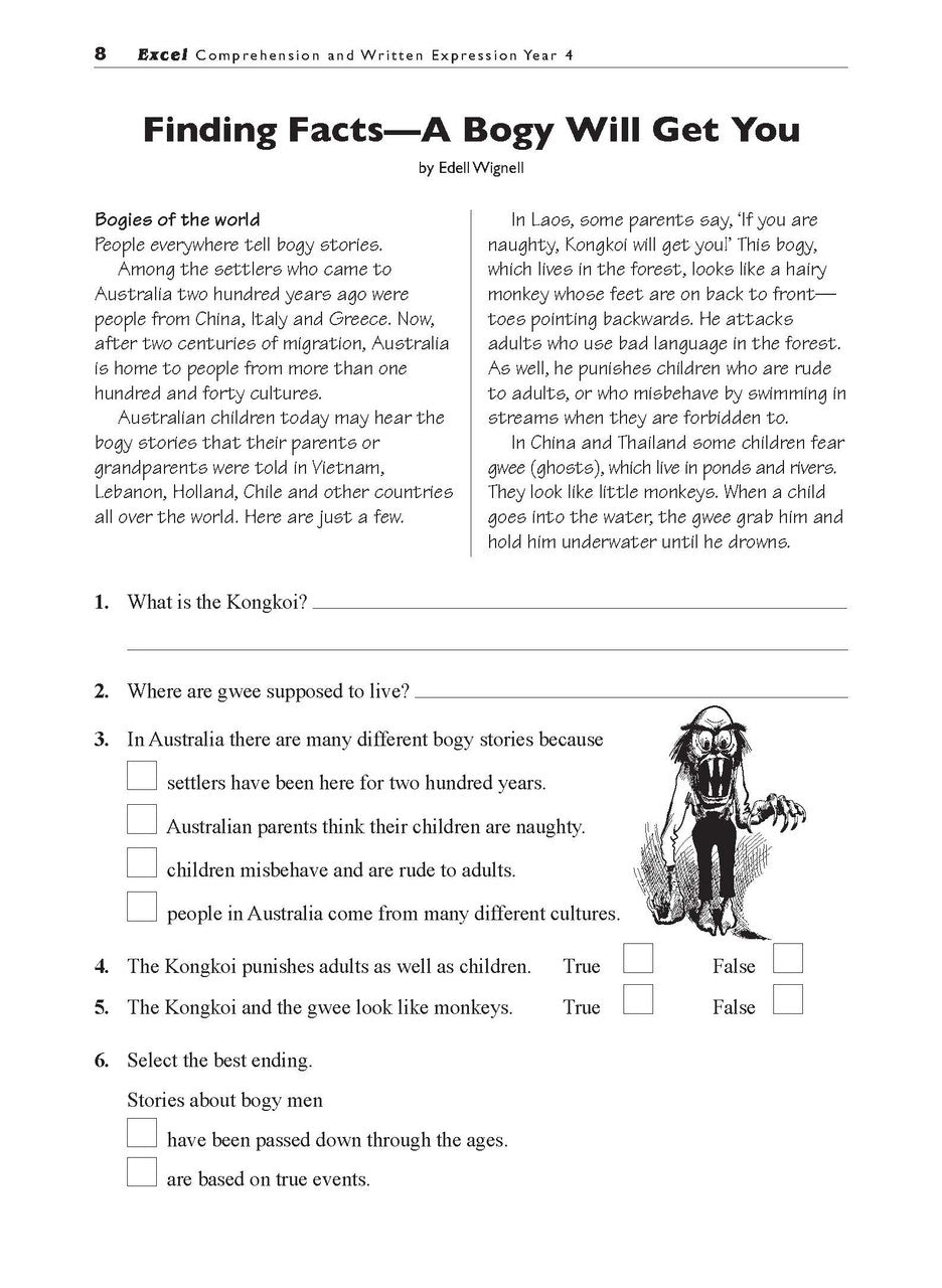 Sample interior page from the Excel Basic Skills Comprehension and Written Expression Year 4 workbook, showing example activities as displayed in the publisher gallery