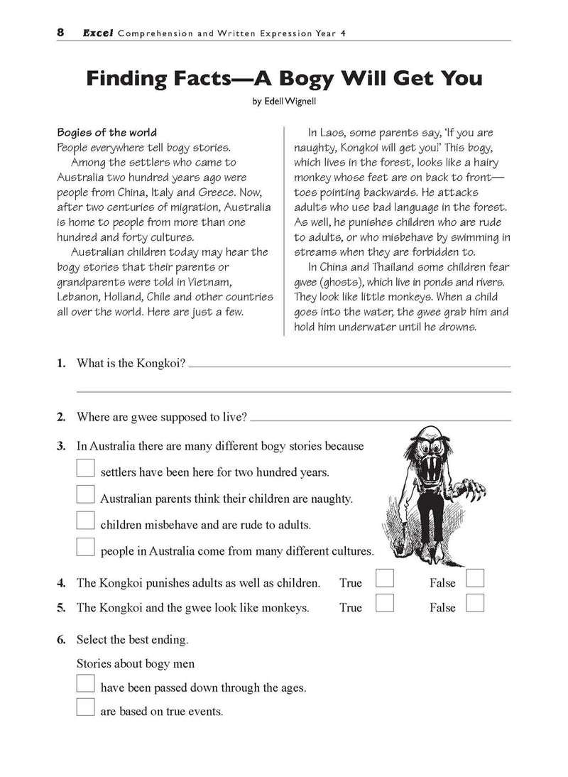 Sample interior page from the Excel Basic Skills Comprehension and Written Expression Year 4 workbook, showing example activities as displayed in the publisher gallery