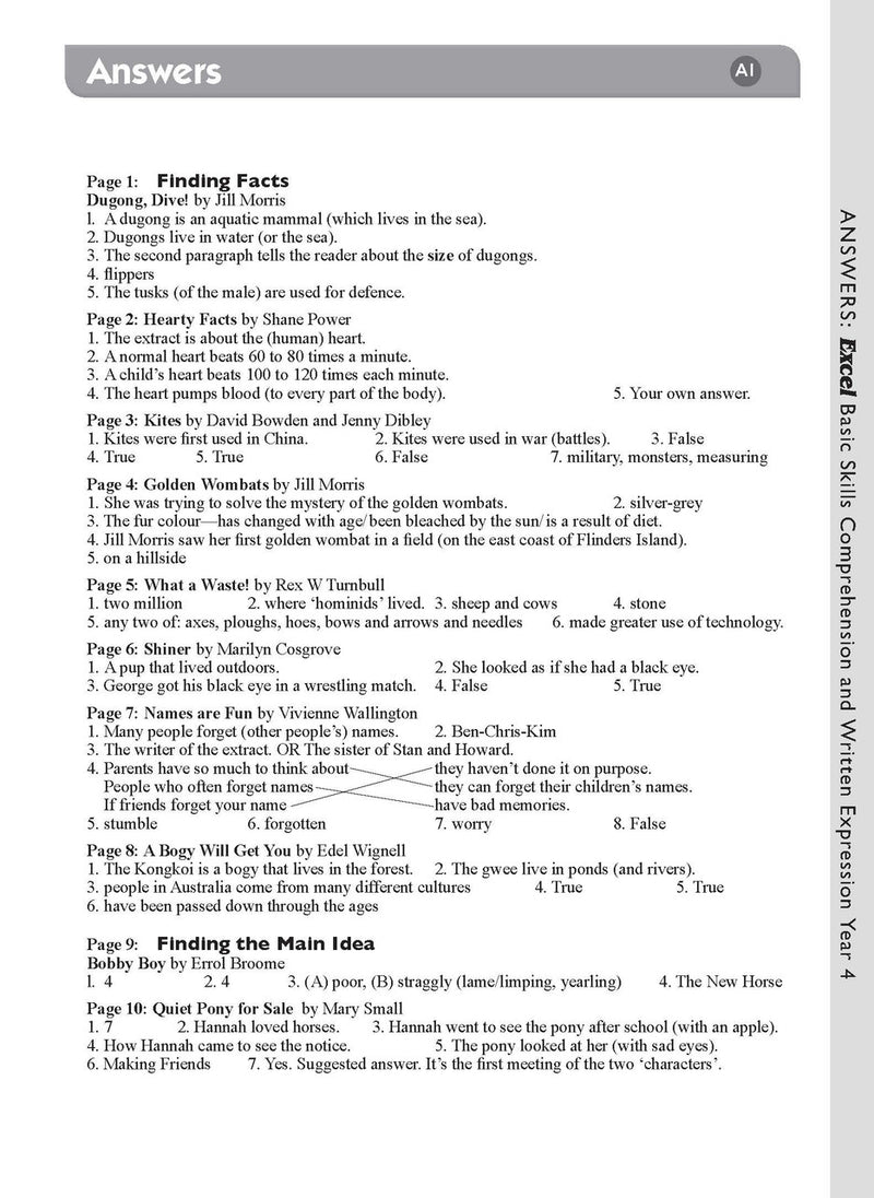 Sample interior page from the Excel Basic Skills Comprehension and Written Expression Year 4 workbook, showing example activities as displayed in the publisher gallery