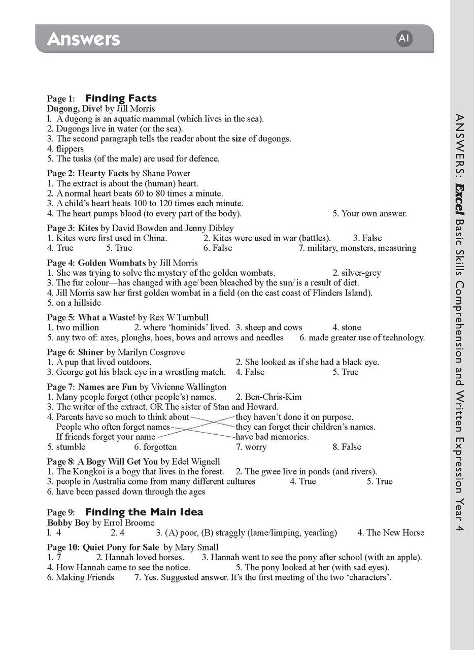 Sample interior page from the Excel Basic Skills Comprehension and Written Expression Year 4 workbook, showing example activities as displayed in the publisher gallery