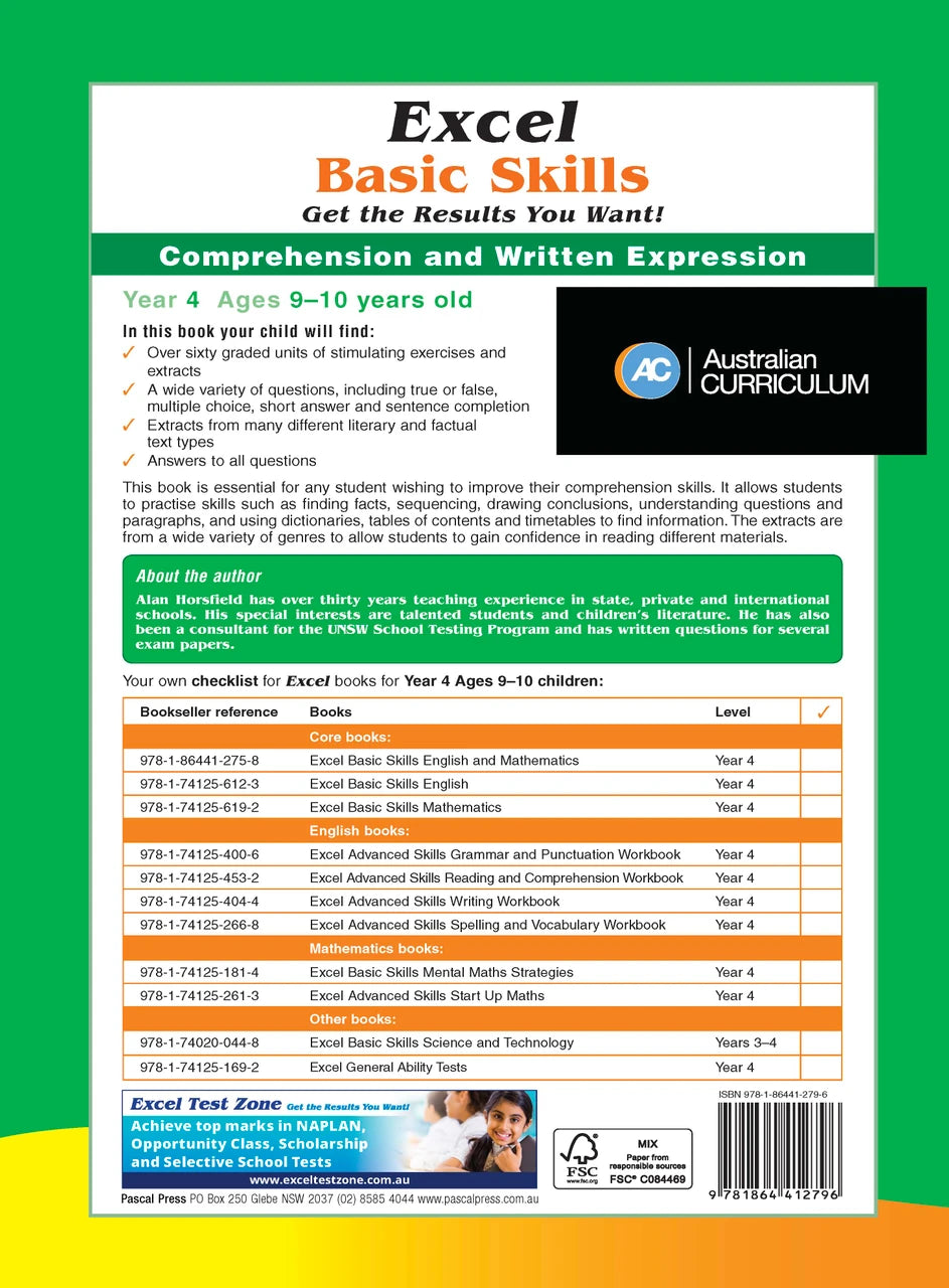 Additional gallery image for the Excel Basic Skills Comprehension and Written Expression Year 4 workbook, shown last in the publisher gallery after the sample pages
