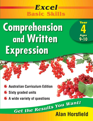 Front cover of the Excel Basic Skills Comprehension and Written Expression Year 4 workbook from Pascal Press, the main product image