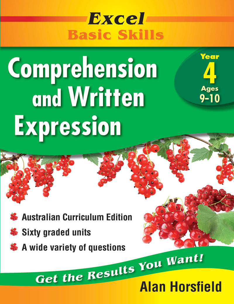 Front cover of the Excel Basic Skills Comprehension and Written Expression Year 4 workbook from Pascal Press, the main product image