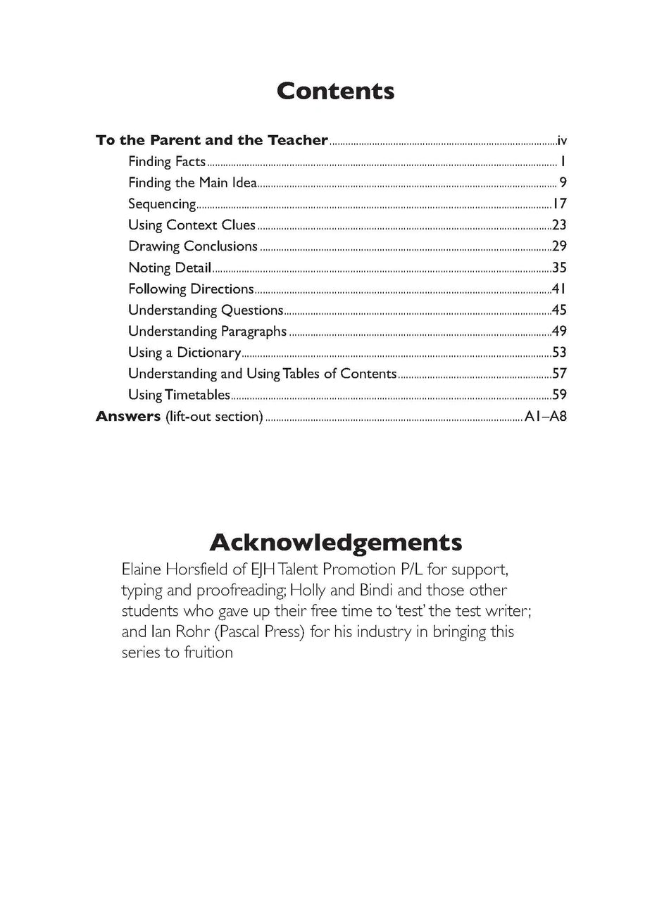 Sample interior page from the Excel Basic Skills Comprehension and Written Expression Year 4 workbook, showing example activities as displayed in the publisher gallery