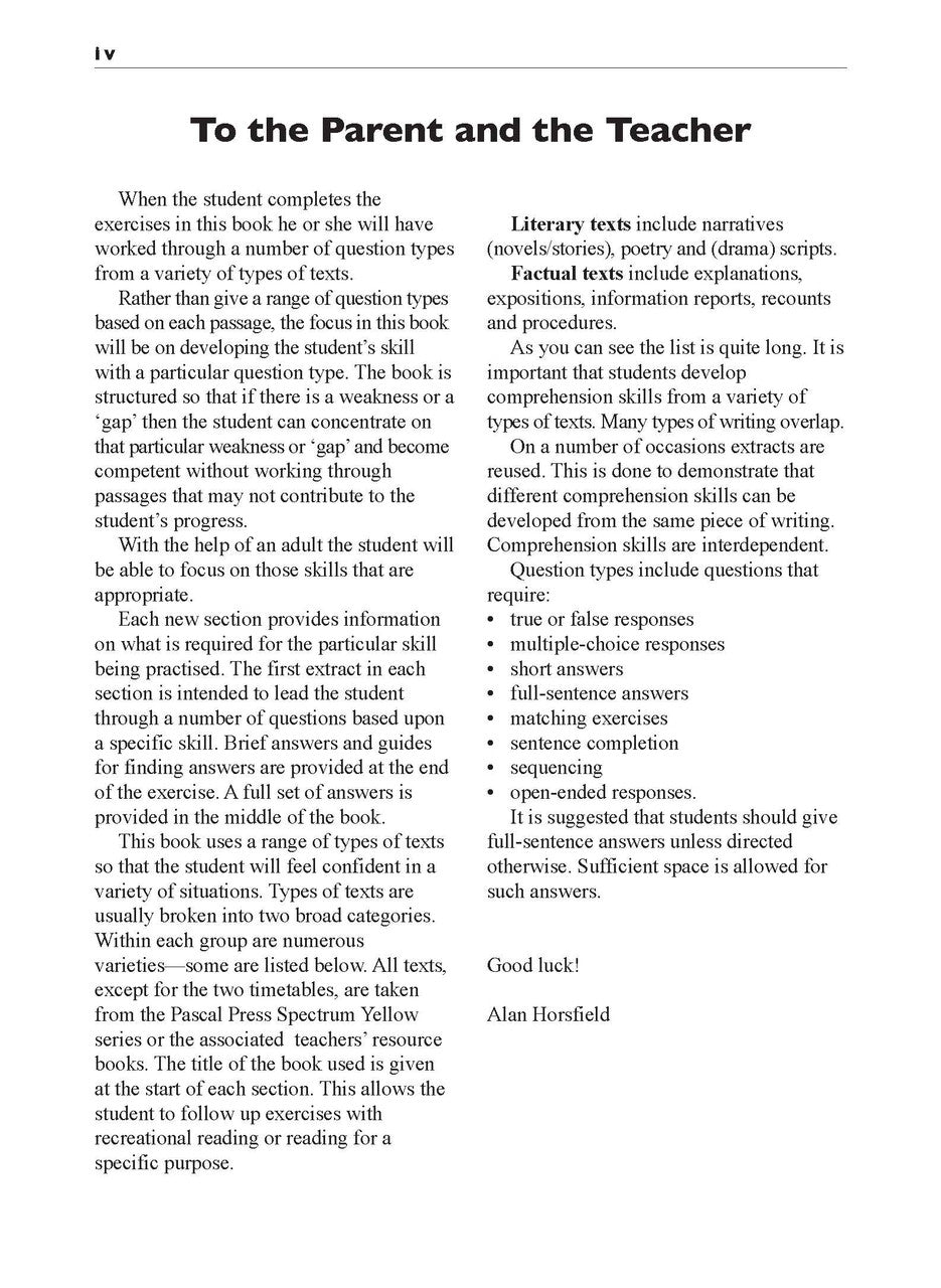 Sample interior page from the Excel Basic Skills Comprehension and Written Expression Year 4 workbook, showing example activities as displayed in the publisher gallery
