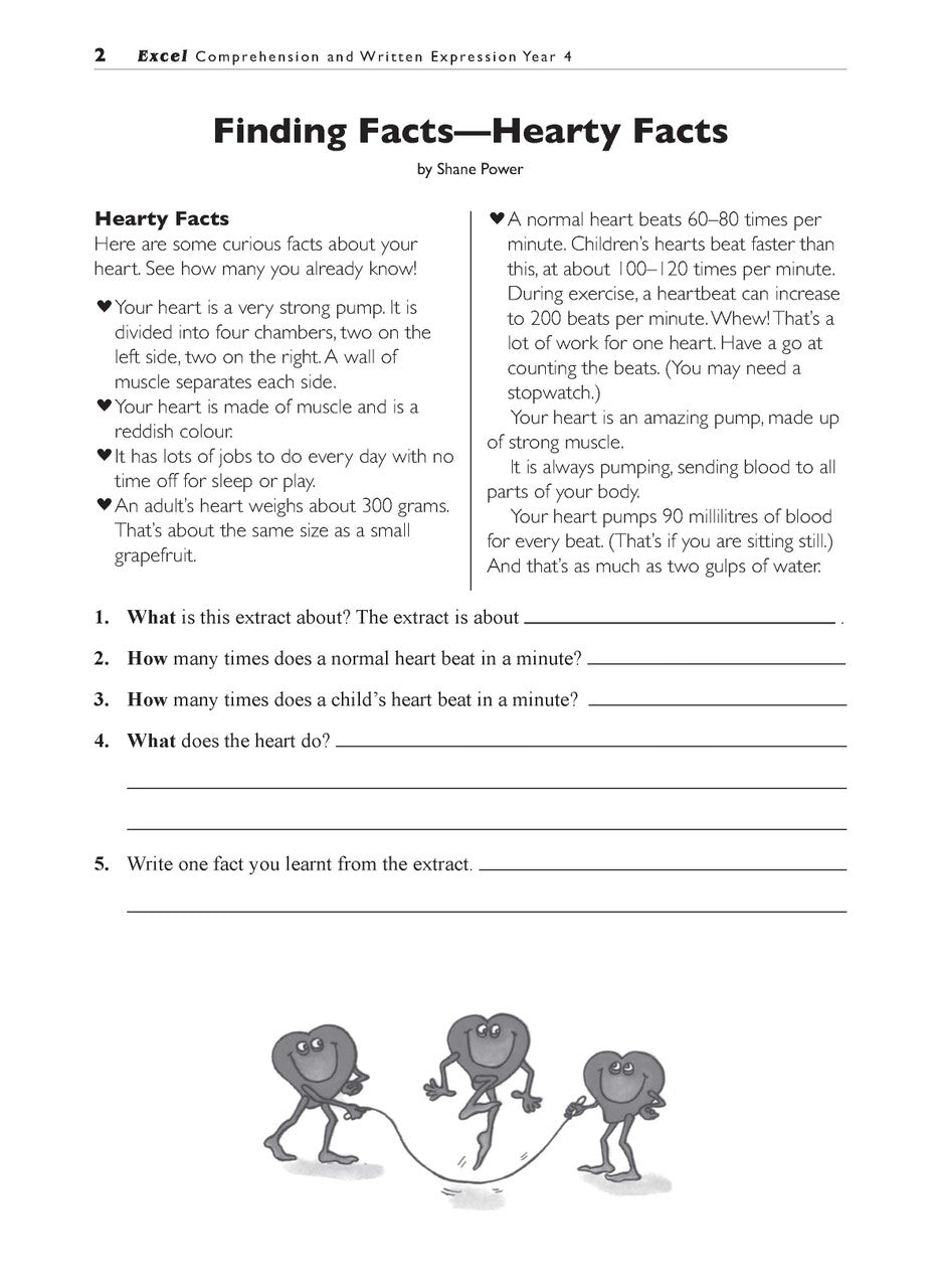 Sample interior page from the Excel Basic Skills Comprehension and Written Expression Year 4 workbook, showing example activities as displayed in the publisher gallery