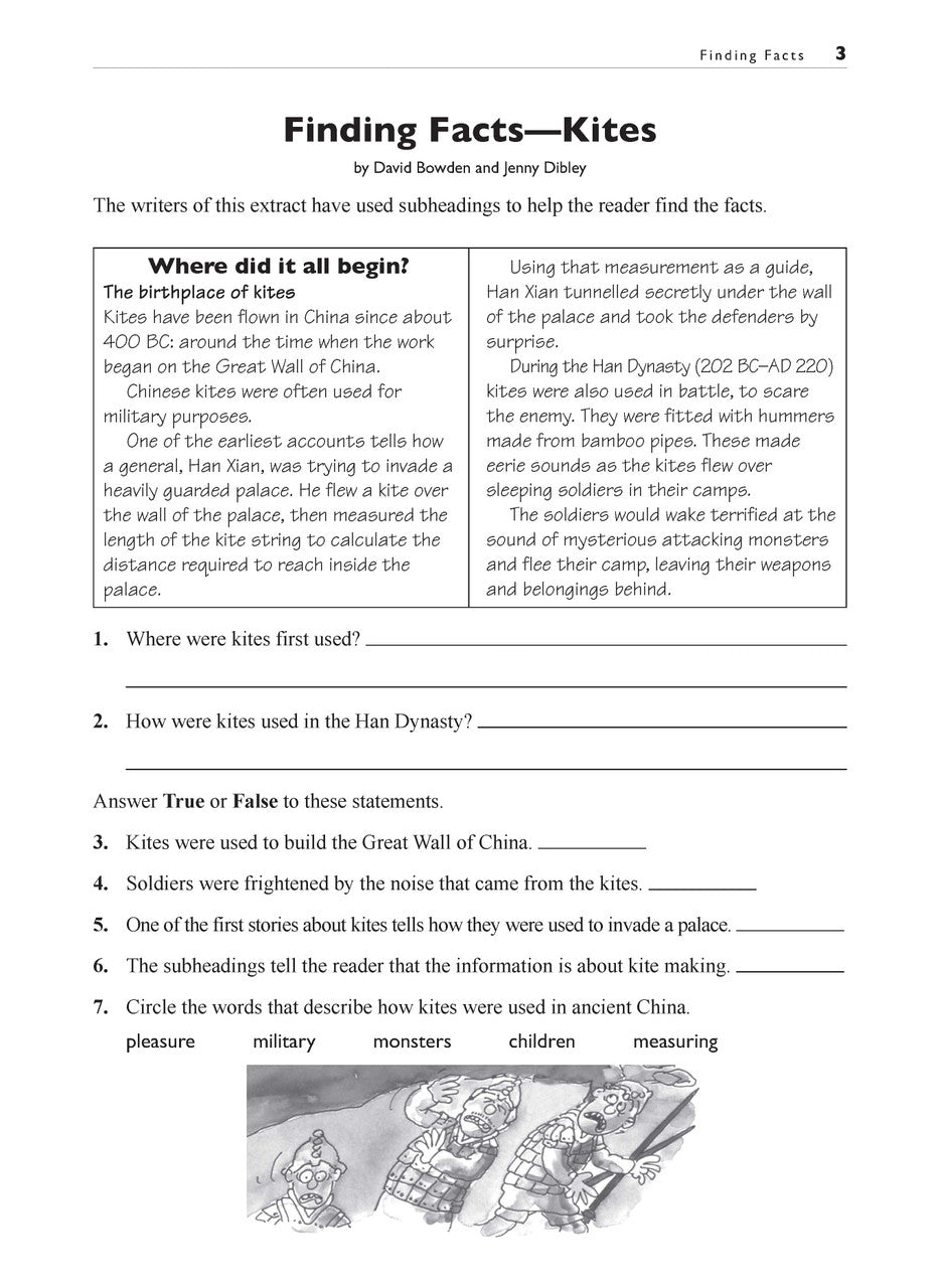 Sample interior page from the Excel Basic Skills Comprehension and Written Expression Year 4 workbook, showing example activities as displayed in the publisher gallery