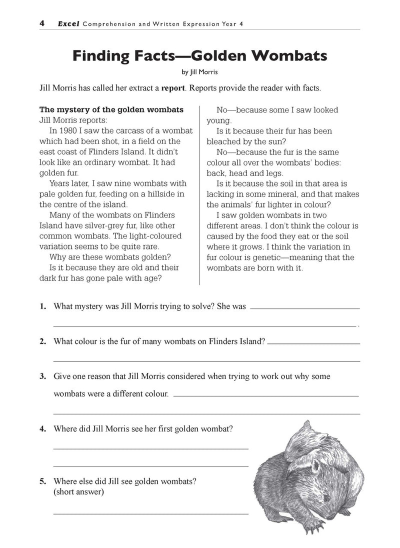 Sample interior page from the Excel Basic Skills Comprehension and Written Expression Year 4 workbook, showing example activities as displayed in the publisher gallery