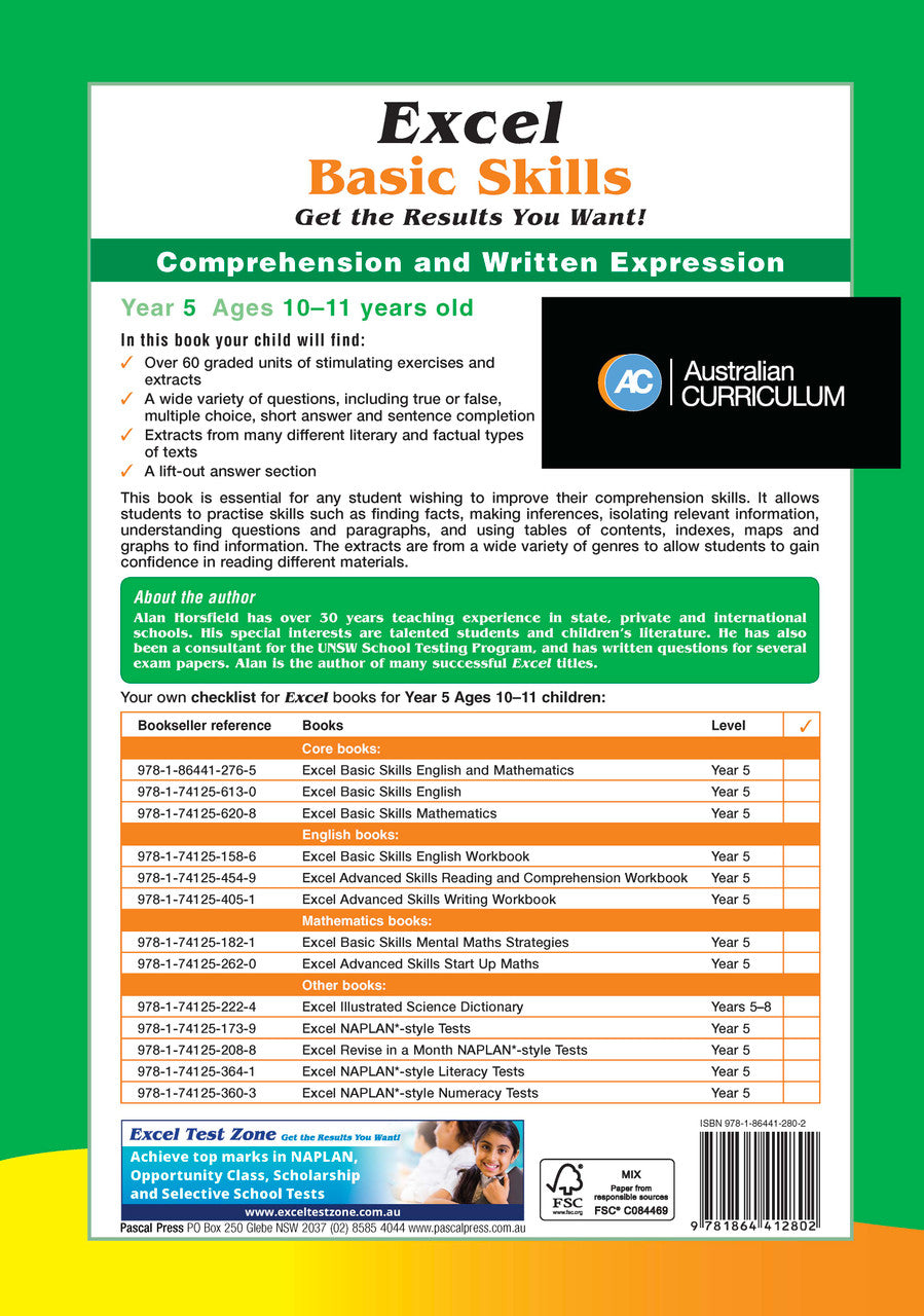 Back cover of the Excel Basic Skills Comprehension and Written Expression Year 5 workbook as shown in the Pascal Press gallery
