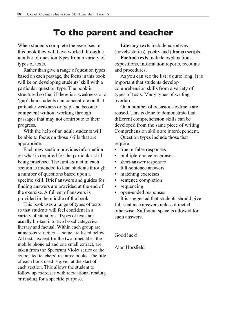 Sample interior page from the Excel Basic Skills Comprehension and Written Expression Year 5 workbook as shown in the Pascal Press gallery