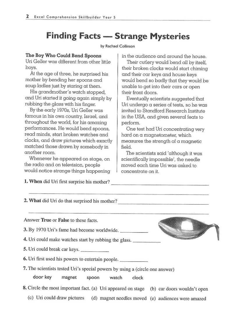 Sample interior page from the Excel Basic Skills Comprehension and Written Expression Year 5 workbook as shown in the Pascal Press gallery