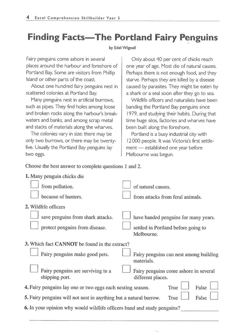 Sample interior page from the Excel Basic Skills Comprehension and Written Expression Year 5 workbook as shown in the Pascal Press gallery