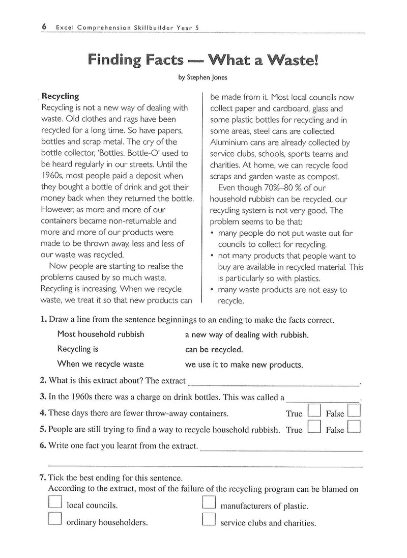 Sample interior page from the Excel Basic Skills Comprehension and Written Expression Year 5 workbook as shown in the Pascal Press gallery