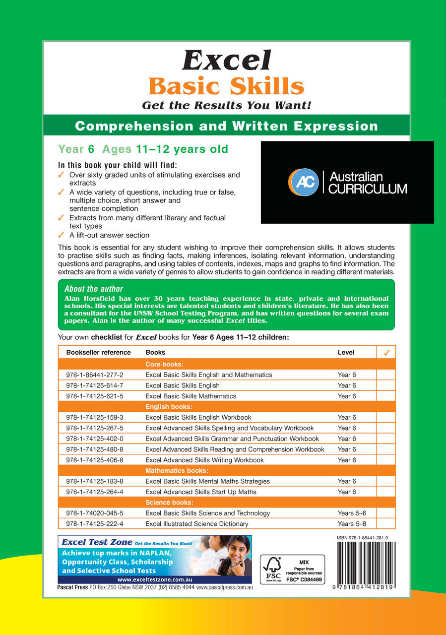 Further page image from the Pascal Press gallery for the Excel Basic Skills Comprehension and Written Expression Year 6 workbook, such as the back cover or extra sample page