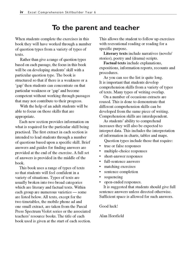 Sample interior page from the Excel Basic Skills Comprehension and Written Expression Year 6 workbook as shown in the Pascal Press gallery
