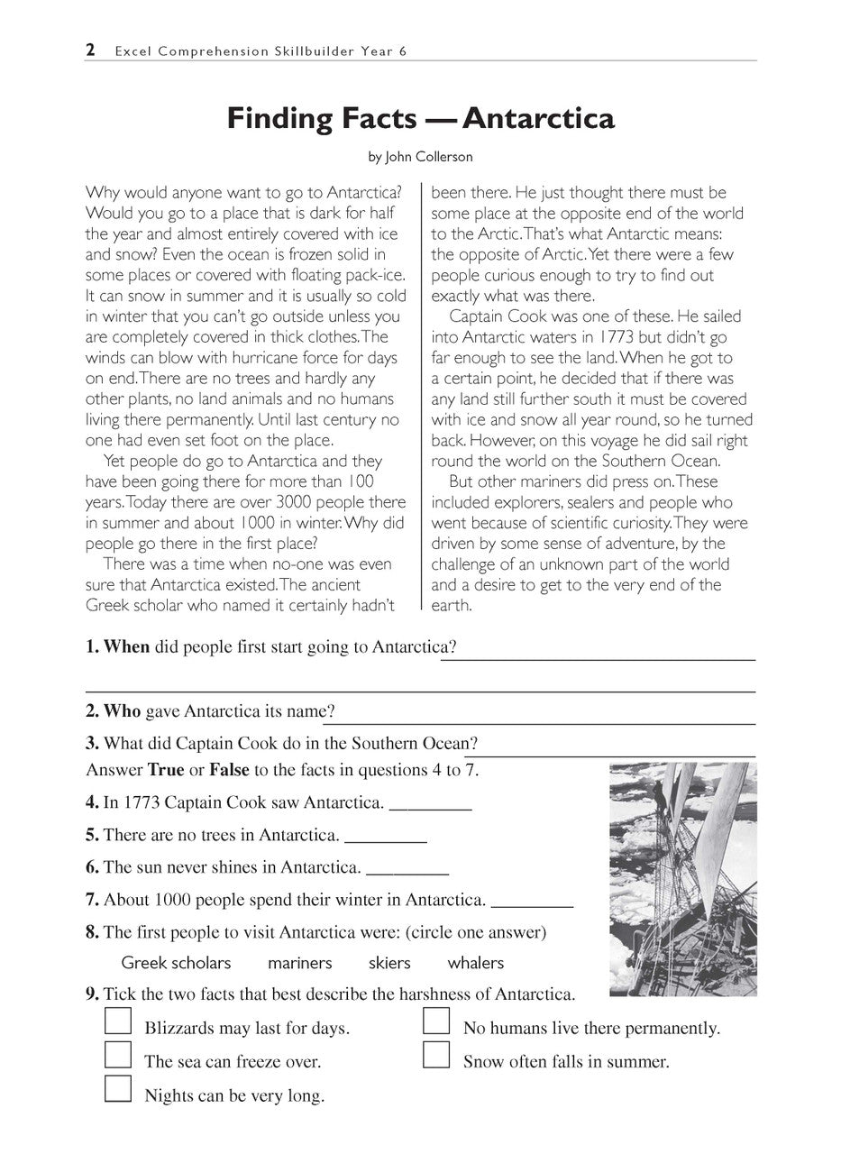 Sample interior page from the Excel Basic Skills Comprehension and Written Expression Year 6 workbook as shown in the Pascal Press gallery