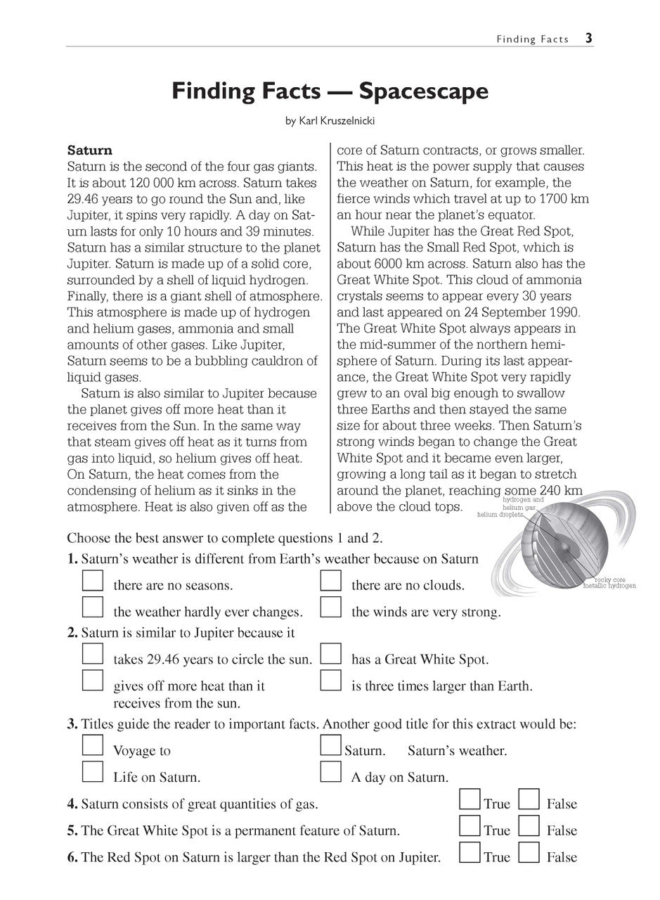 Sample interior page from the Excel Basic Skills Comprehension and Written Expression Year 6 workbook as shown in the Pascal Press gallery