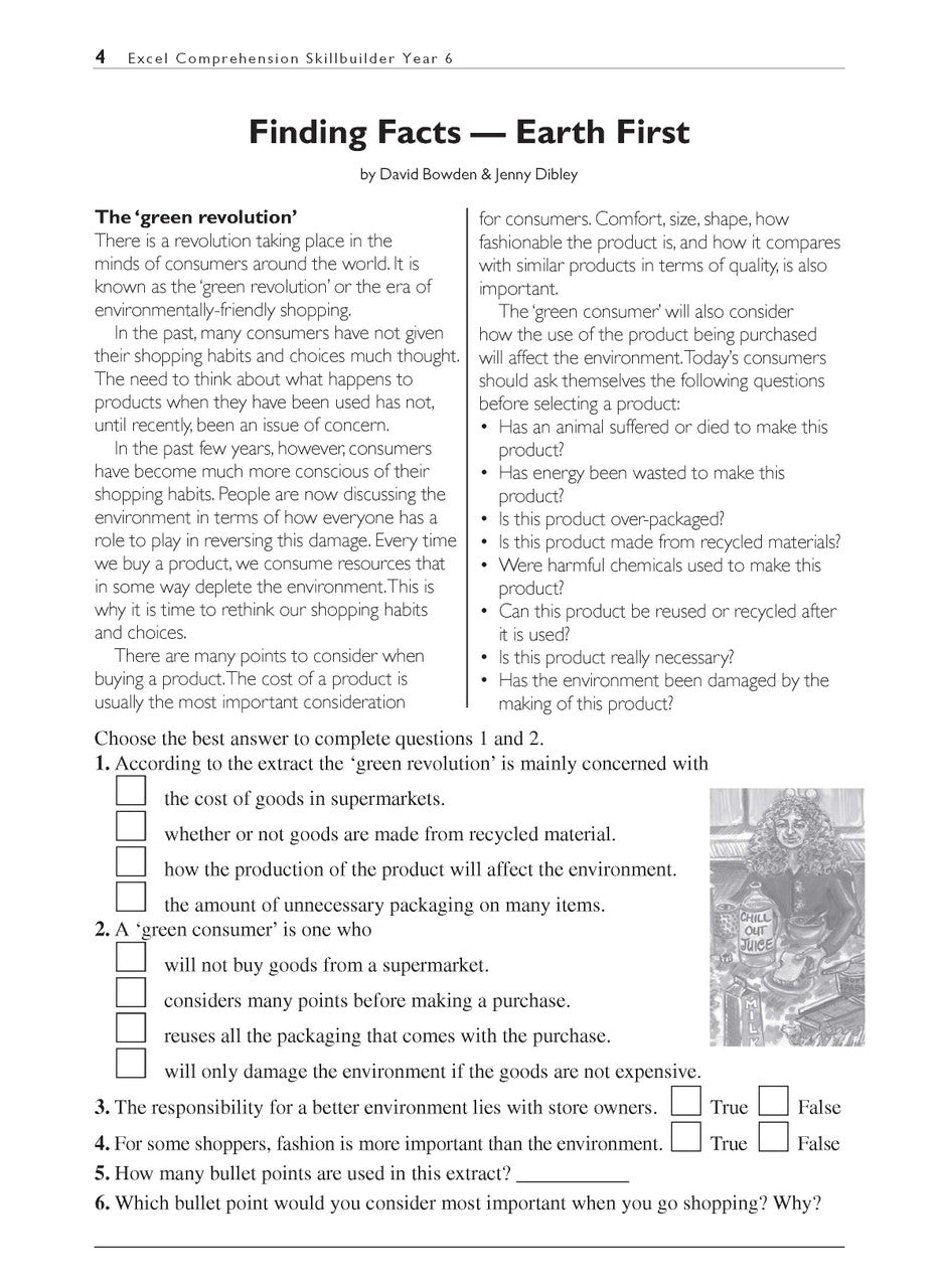 Sample interior page from the Excel Basic Skills Comprehension and Written Expression Year 6 workbook as shown in the Pascal Press gallery
