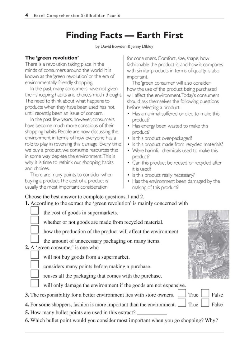 Sample interior page from the Excel Basic Skills Comprehension and Written Expression Year 6 workbook as shown in the Pascal Press gallery