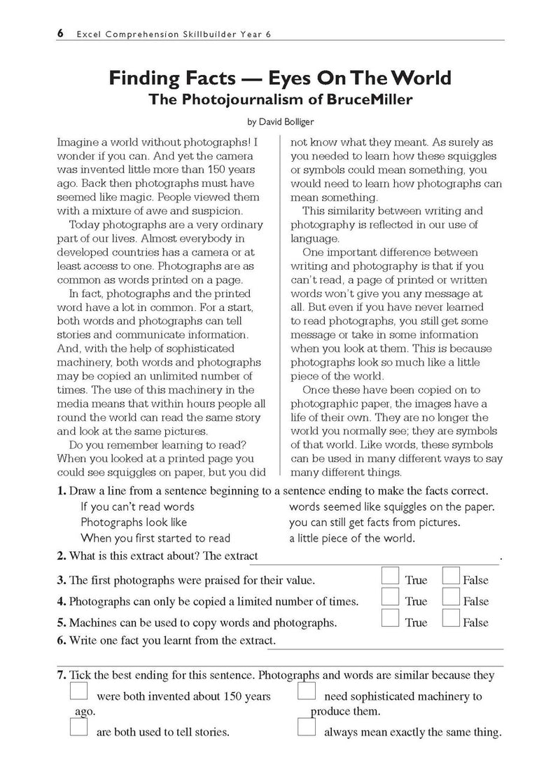 Sample interior page from the Excel Basic Skills Comprehension and Written Expression Year 6 workbook as shown in the Pascal Press gallery