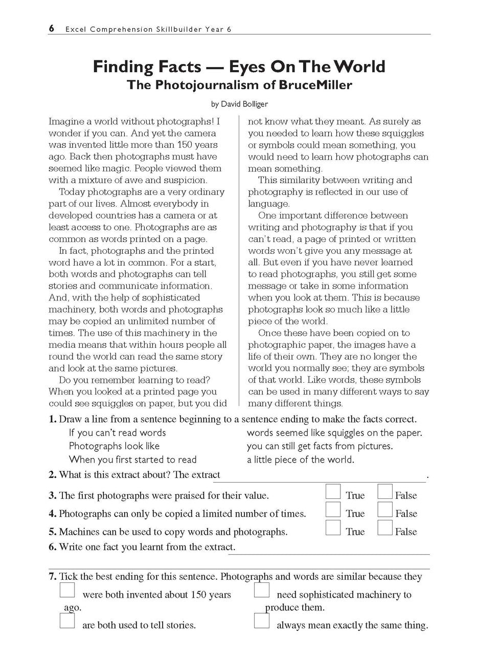 Sample interior page from the Excel Basic Skills Comprehension and Written Expression Year 6 workbook as shown in the Pascal Press gallery