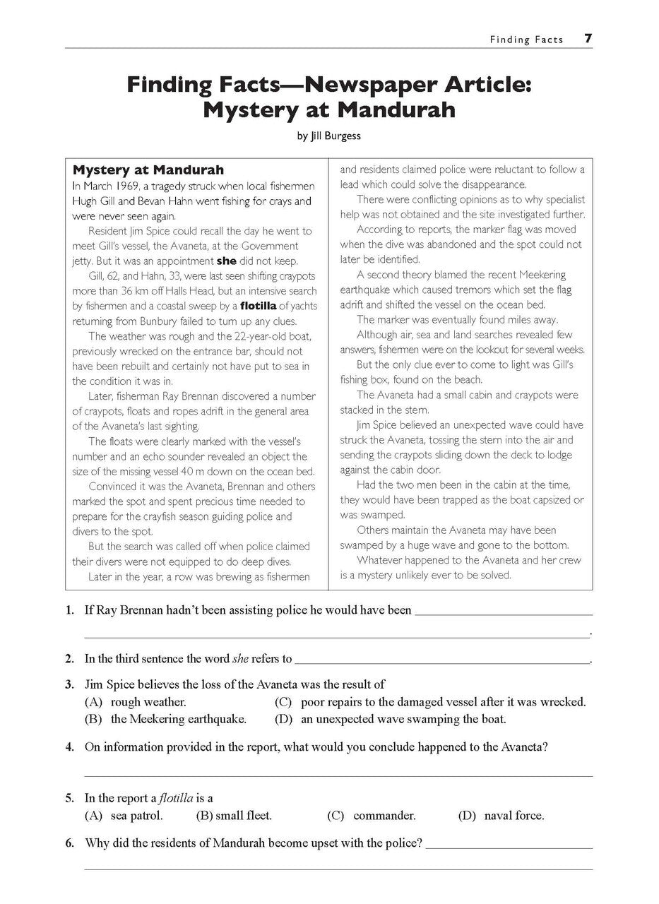 Sample interior page from the Excel Basic Skills Comprehension and Written Expression Year 7 workbook as shown in the Pascal Press gallery