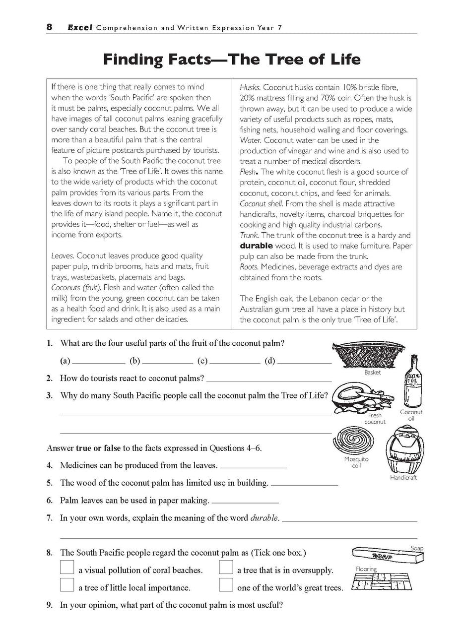 Sample interior page from the Excel Basic Skills Comprehension and Written Expression Year 7 workbook as shown in the Pascal Press gallery