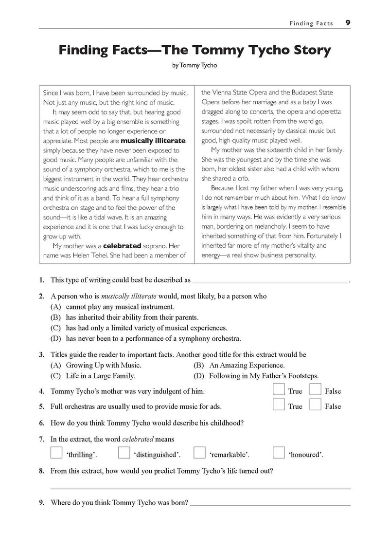 Sample interior page from the Excel Basic Skills Comprehension and Written Expression Year 7 workbook as shown in the Pascal Press gallery